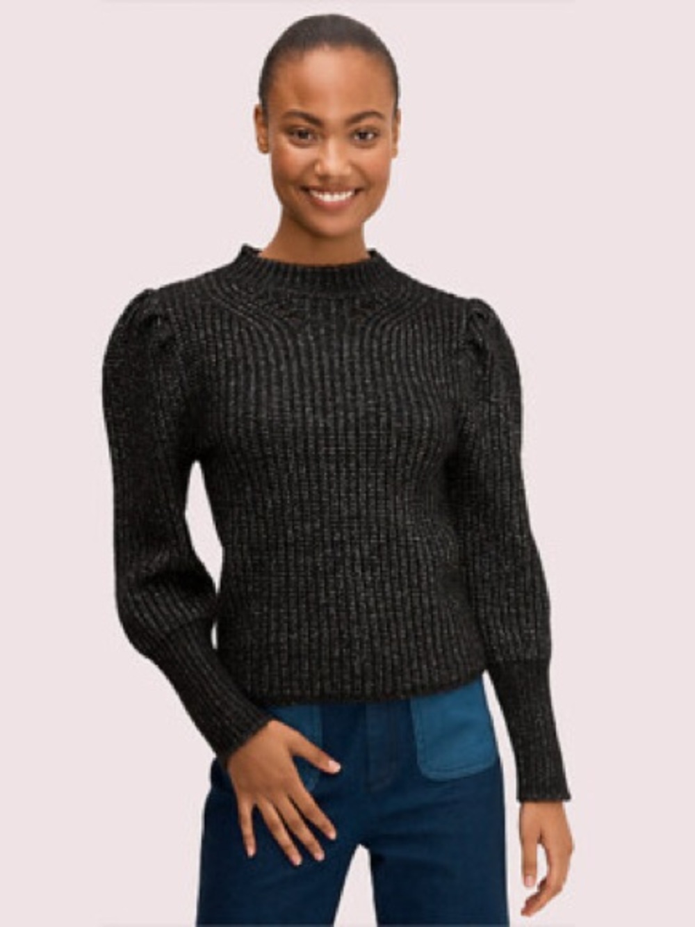 AllSaints Black Sparkle Ribbed Puff-Sleeve Crewneck Sweater - NWOT - Size Small